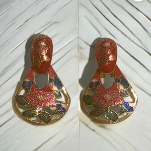 Vintage Gold Toned Oriental BoHo Rose & Pink Floral Cloisonné' Pierced Earrings
